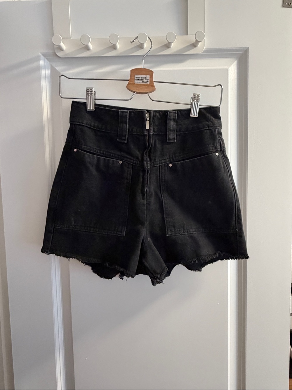 ba&sh Black High-Waist Frayed Denim Shorts